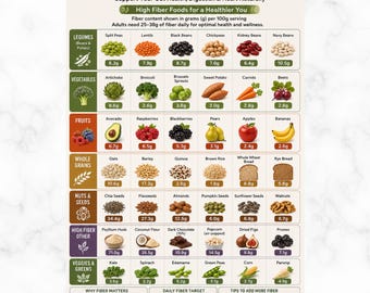 Tabla de alimentos ricos en fibra imprimible en PDF, lista de alimentos ricos en fibra, guía de alimentos ricos en fibra, tabla de alimentos para la salud intestinal, fibra en gramos por porción