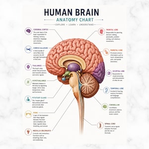 Peut inclure: Un tableau anatomique du cerveau humain présentant une illustration détaillée en coupe du cerveau. Le diagramme étiquette des parties telles que le cortex cérébral, le lobe frontal, le lobe pariétal, le lobe occipital, le lobe temporal et le cervelet.