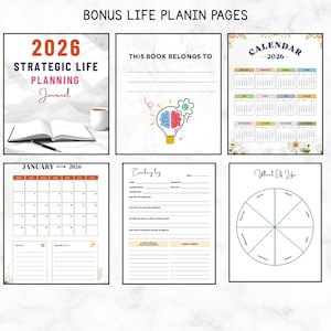May include: A collection of planner pages with a 2026 calendar, coaching log, and a wheel of life diagram. The pages include a strategic life planning journal, a calendar, and space for notes and goals. The pages are white with colorful accents.