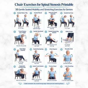Könnte beinhalten: Ein druckbares Plakat mit dem Titel Chair Exercises for Spinal Stenosis, das 16 nummerierte Illustrationen einer Person in blauem T-Shirt und dunkler Hose zeigt, die sitzende Mobilitäts- und Dehnübungen auf einem grauen Stuhl ausführt.