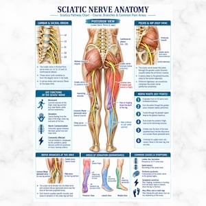 May include: An educational medical chart titled Sciatic Nerve Anatomy, featuring detailed anatomical illustrations of the human lower back, pelvis, and legs, with text explaining nerve pathways, functions, branches, and common pain areas.