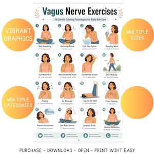 May include: A poster with the title "Vagus Nerve Exercises" and 16 calming techniques. The poster includes illustrations of exercises like belly breathing, humming breath, and mindful meditation. Text on the poster includes "Purchase - Download - Open - Print With Easy".