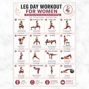 Può includere: Un poster bianco intitolato LEG DAY WORKOUT FOR WOMEN che presenta 16 illustrazioni di esercizi numerate con istruzioni testuali. Il layout include un programma push pull legs, una guida per la palestra in casa e icone per i gruppi muscolari.