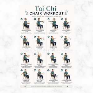 May include: A poster with a Tai Chi chair workout guide. The guide features 16 illustrated steps with instructions for gentle moves, better balance, and less stress. The title is in a stylized font with a floral design.