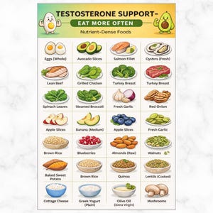 Op de afbeelding: Een kleurrijke infographic getiteld "TESTOSTERONE SUPPORT - EAT MORE OFTEN" met diverse voedingsmiddelen die rijk zijn aan voedingsstoffen. De afbeelding bevat illustraties van eieren, avocado, zalm, oesters, mager rundvlees, kip, kalkoen, spinazie, broccoli, knoflook, ui, appels, bananen, blauwe bessen, rijst, noten en meer.