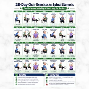 May include: A 28-day exercise chart titled 28-Day Chair Exercises for Spinal Stenosis, featuring a grid of illustrations showing seated movements for seniors. Each day includes specific instructions, repetition counts, and safety tips at the bottom.