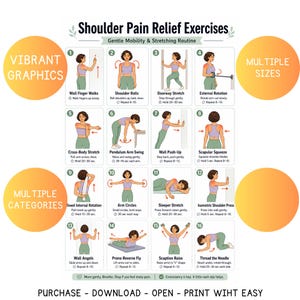 K&ouml;nnte beinhalten: Ein Poster mit &Uuml;bungen zur Linderung von Schulterschmerzen. Das Poster enth&auml;lt 16 illustrierte &Uuml;bungen mit Anweisungen, wie z. B. Wall Finger Walks und Shoulder Rolls. Text beinhaltet "VIBRANT GRAPHICS", "MULTIPLE SIZES", "MULTIPLE CATEGORIES", und "PURCHASE - DOWNLOAD - OPEN - PRINT WIHT EASY".