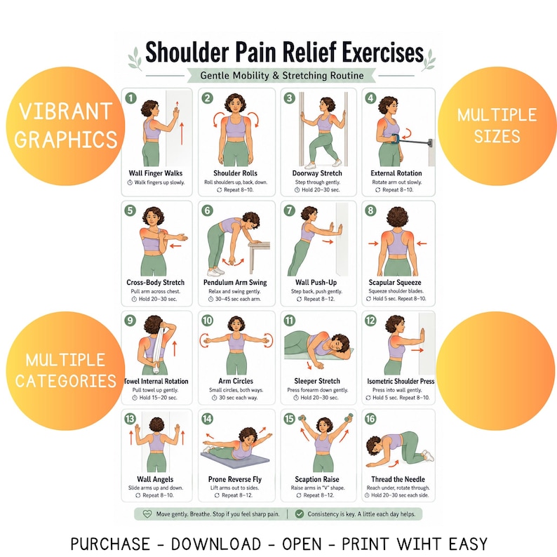 K&ouml;nnte beinhalten: Ein Poster mit &Uuml;bungen zur Linderung von Schulterschmerzen. Das Poster enth&auml;lt 16 illustrierte &Uuml;bungen mit Anweisungen, wie z. B. Wall Finger Walks und Shoulder Rolls. Text beinhaltet "VIBRANT GRAPHICS", "MULTIPLE SIZES", "MULTIPLE CATEGORIES", und "PURCHASE - DOWNLOAD - OPEN - PRINT WIHT EASY".