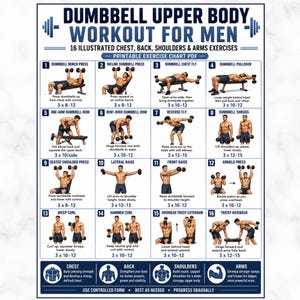 May include: A printable exercise chart titled DUMBBELL UPPER BODY WORKOUT FOR MEN, featuring 16 illustrated exercises for chest, back, shoulders, and arms. Each numbered section includes a visual demonstration, exercise name, and repetition instructions.