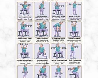 Senior Women Dumbbell Workout 60+ Printable PDF, 16 Strength Training Exercises, Elderly Home Fitness Routine, Senior Exercise Poster Chart