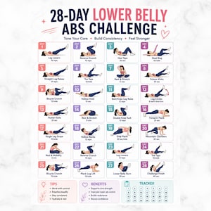 Pode incluir: Um gráfico de treino de 28 dias para abdominais inferiores com 28 passos de exercício ilustrados, etiquetas de texto, contagem de repetições, secção de dicas, lista de benefícios e um rastreador numerado para monitorizar o progresso.