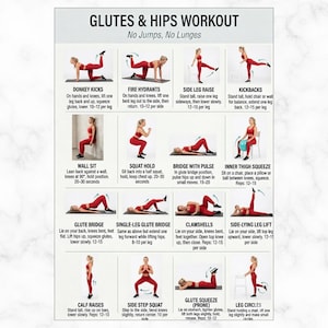 May include: Illustrated workout guide for glutes and hips, featuring exercises like donkey kicks, fire hydrants, side leg raises, and kickbacks. Includes instructions for wall sits, squat holds, and glute bridges. The guide also shows inner thigh squeezes and leg circles.