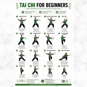 May include: A guide to Tai Chi for beginners, featuring 16 illustrated movements. Each step is shown with a person in a green outfit, demonstrating the poses. The text includes instructions and tips for practice, promoting balance and inner peace.