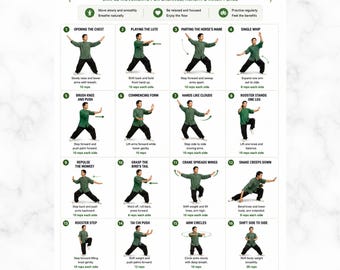 Tabela imprimível de Tai Chi para iniciantes, formas de Tai Chi passo a passo, rotina de Tai Chi em PDF para prática em casa, formato A4/Carta (EUA)