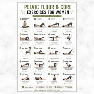 May include: A white instructional poster titled Pelvic Floor & Core Exercises for Women, featuring twenty numbered illustrations of exercise movements with descriptive text, green accents, and a section at the bottom with tips for success.