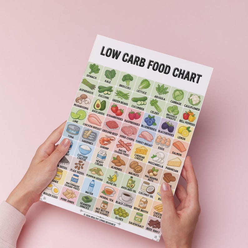 May include: A low-carb food chart held by hands, featuring illustrations of various foods. The chart includes vegetables, fruits, meats, seafood, and other items, with the title "LOW CARB FOOD CHART" at the top. The background is a solid pink color.
