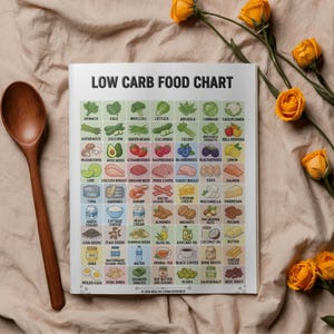 May include: A low-carb food chart with various food illustrations, including vegetables, fruits, meats, and dairy. The chart is titled "LOW CARB FOOD CHART" and is surrounded by yellow roses and a wooden spoon.