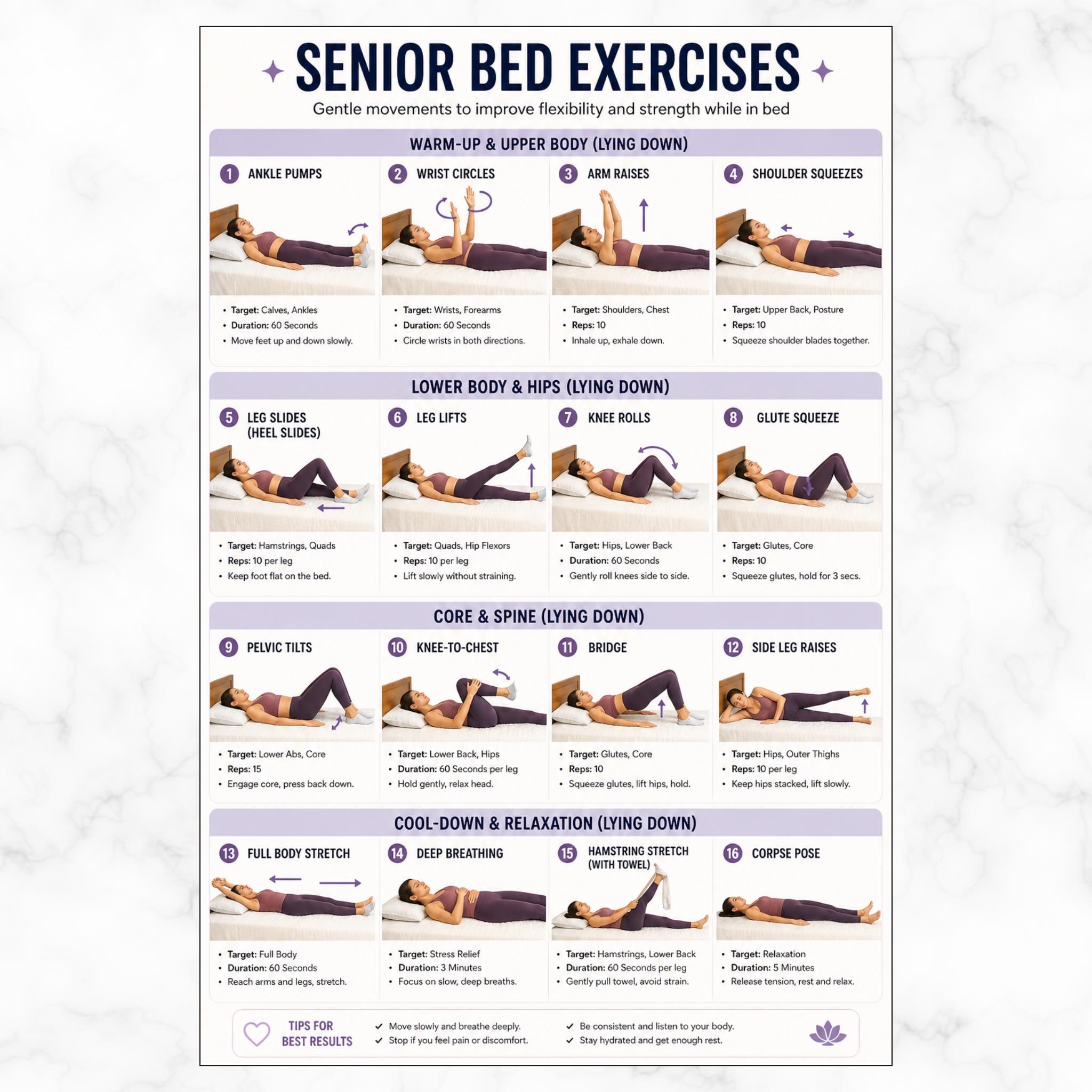 Printable Bed Exercises for Seniors, Elderly Exercises, Senior Workout ...