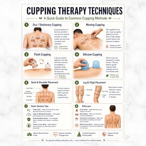 May include: An educational poster titled Cupping Therapy Techniques featuring eight numbered sections with diagrams and text explaining methods like dry, moving, flash, and silicone cupping, along with placement guides for the back, shoulders, and legs.