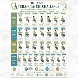 May include: A 30-day chair Tai Chi challenge chart featuring a daily exercise programme with illustrations of a person performing seated movements. The poster includes weekly goals, step-by-step instructions for each day, and a section on benefits.
