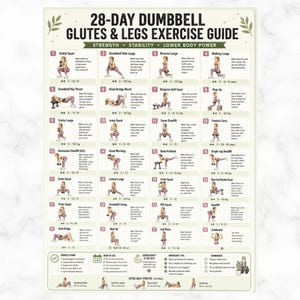 May include: A 28-day dumbbell glutes and legs exercise guide poster featuring 28 numbered illustrations of a person performing various strength training movements with dumbbells, including squats, lunges, and deadlifts, with instructional text.