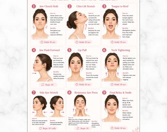 Jawline Sculpting Exercises Printable, Face Yoga Chart PDF, Jaw & Neck Toning Routine, Double Chin Exercises, Facial Workout Guide