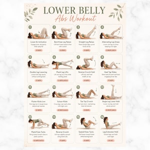 Puede incluir: Una guía de ejercicios titulada "LOWER BELLY Abs Workout" con 16 ejercicios ilustrados. Cada ejercicio muestra a una persona realizando el movimiento, con instrucciones y repeticiones. La guía está sobre un fondo crema con detalles florales.