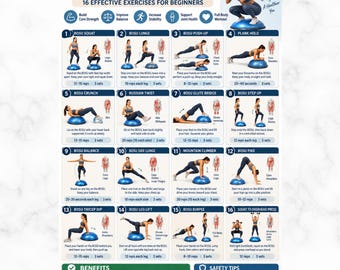 Bosu Ball Workout Poster, Half Ball Balance, Core Strength & Balance, Squats Abs Exercises, Home Gym Stability Trainer Workout For Beginners