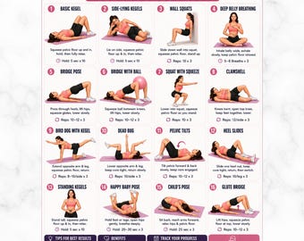 Pelvic Floor Exercises For Women, Kegel Workout Printable Poster, Bladder Leak Control, Postpartum Recovery, Core & Pelvic Stability Routine
