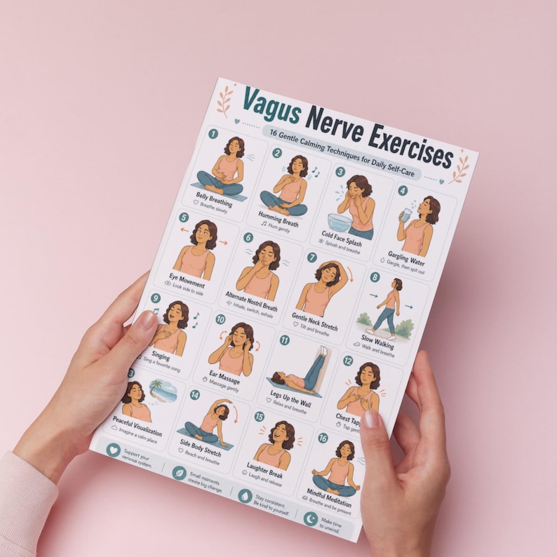 May include: A white poster titled "Vagus Nerve Exercises" with illustrations of 16 gentle calming techniques. The poster is held by a person against a pink background. Techniques include breathing exercises and meditation.