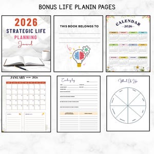 May include: A planner with various pages, including a 2026 calendar, a coaching log, and a wheel of life diagram. The cover of the planner reads "2026 Strategic Life Planning Journal". The pages are white with colorful accents.