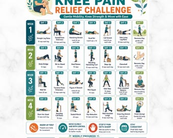 28 Day Knee Pain Relief Challenge Printable PDF, Knee Strength and Mobility Exercise Chart, Low Impact Home Workout