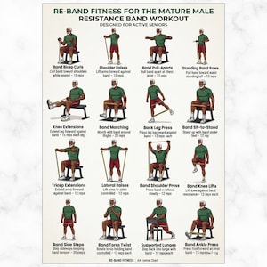 Resistance Band Workout for Senior Men Printable PDF, 16 Band Exercises, Seated and Standing Home Strength Training Chart