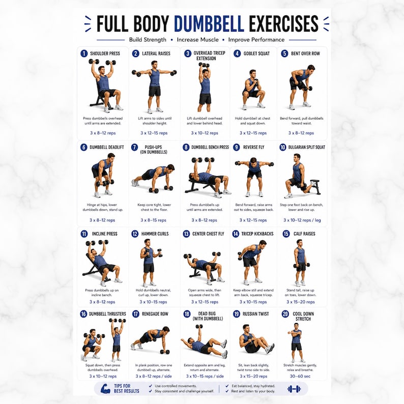 May include: A workout guide with illustrations of full-body dumbbell exercises. The guide includes exercises like shoulder press, lateral raises, and goblet squats. Text at the top reads "Full Body Dumbbell Exercises". The guide is designed to build strength, increase muscle, and improve performance.