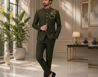 Traje Jodhpuri bordado para hombre / Chaqueta y pantalón Bandhgala Prince / Ropa étnica formal indo-occidental / Traje real de diseñador