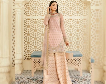 Traje Sharara pakistaní rosa - Kurta de organza con bordados elaborados - Atuendo para invitada a boda india - Ropa para la fiesta nupcial - Salwar Kameez de diseñador