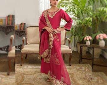 Completo Shalwar Farshi in seta Sheesha / Abito di design pakistano-indiano / Shawar Kameez ricamato per donna / Abito da sposa e da festa