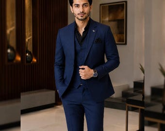 Luxe marineblauwe formele driedelige pak voor heren | Stijlvolle slim fit blazer, vest en pantalon voor bruiloften, kantoor en speciale gelegenheden