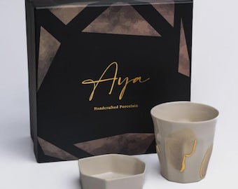 Aya Lumina Handgefertigte Porzellan Tasse und Leckerlischale Geschenkset