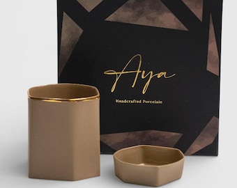 Perge Taba Gold Handgefertigte Porzellan Tasse und Leckerbissen Schüssel Geschenk Set