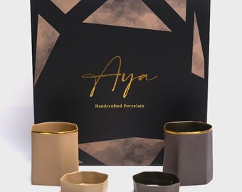 Perge Antique Gold & Taba Gold Handgemachte Porzellan Becher und Leckerli Schüssel Geschenk Set