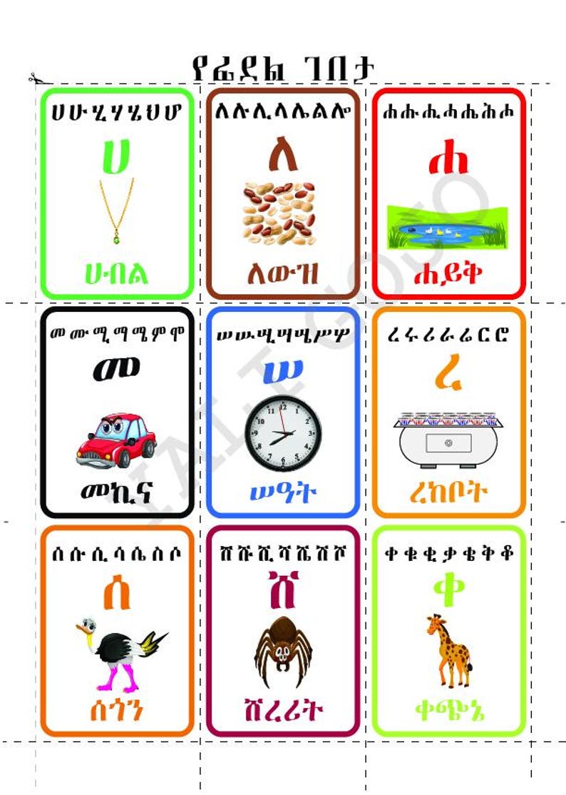 Geez Alphabet Tutorial Amharic Hahu Flashcards for Kids, Ge'ez Alphabet Learning PDF ...