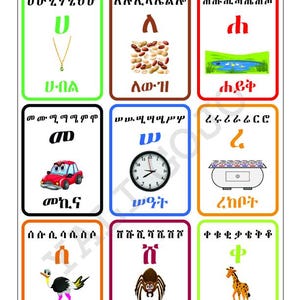 May include: An educational chart with illustrations of objects and animals, each linked to a letter. The images include a necklace, beans, a pond, a car, a clock, a stove, an ostrich, a spider, and a giraffe. The chart is designed for learning.