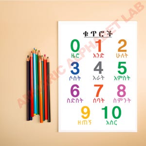 Op de afbeelding: Een kleurrijke educatieve poster met de getallen 0-10 in verschillende kleuren en een vreemde taal. Links van de poster ligt een bundel geslepen kleurpotloden in verschillende kleuren. De poster staat op een beige achtergrond.