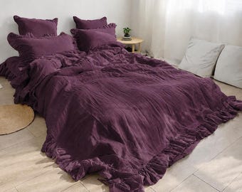Handmade Plum Linen Comforter Cover Set, Vintage Style Ruffle Bedding, Soft Breathable Linen Sheets