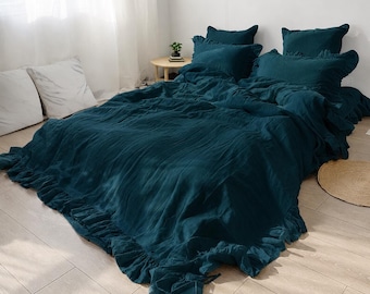 Dark Teal Linen Bedding Set with Ruffles | Washed Linen Duvet Cover | Romantic Farmhouse Bedding | Soft Rustic Bedroom Decor