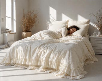 Juego de ropa de cama de lino romántico color marfil con volantes / Funda nórdica estilo cottagecore / Juego de cama de lino suave lavado / Decoración de dormitorio estilo casa de campo
