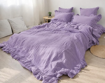 Lavender Linen Bedding Set with Ruffles, Soft Washed Linen Duvet Cover, Romantic Cottagecore Bed Set