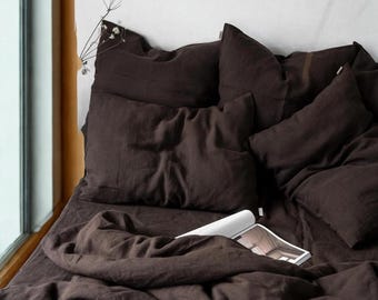 Chocolate European Flax Linen Duvet Cover Set | Coconut Button Closure Bedding