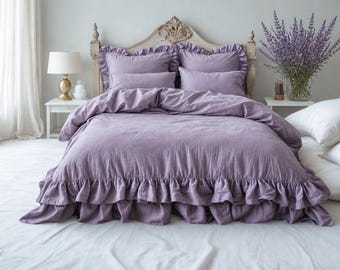 Lavender Ruffle Bedding Set, Cottagecore Duvet Cover, Romantic Bedroom Decor, Soft Washed Linen Bedding, Shabby Chic Bed Set